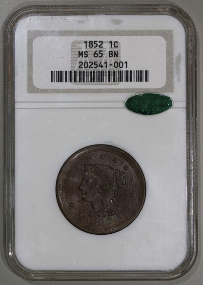 1852 (MS65 CAC BN) Braided Hair Large Cent 1c NGC Graded Coin