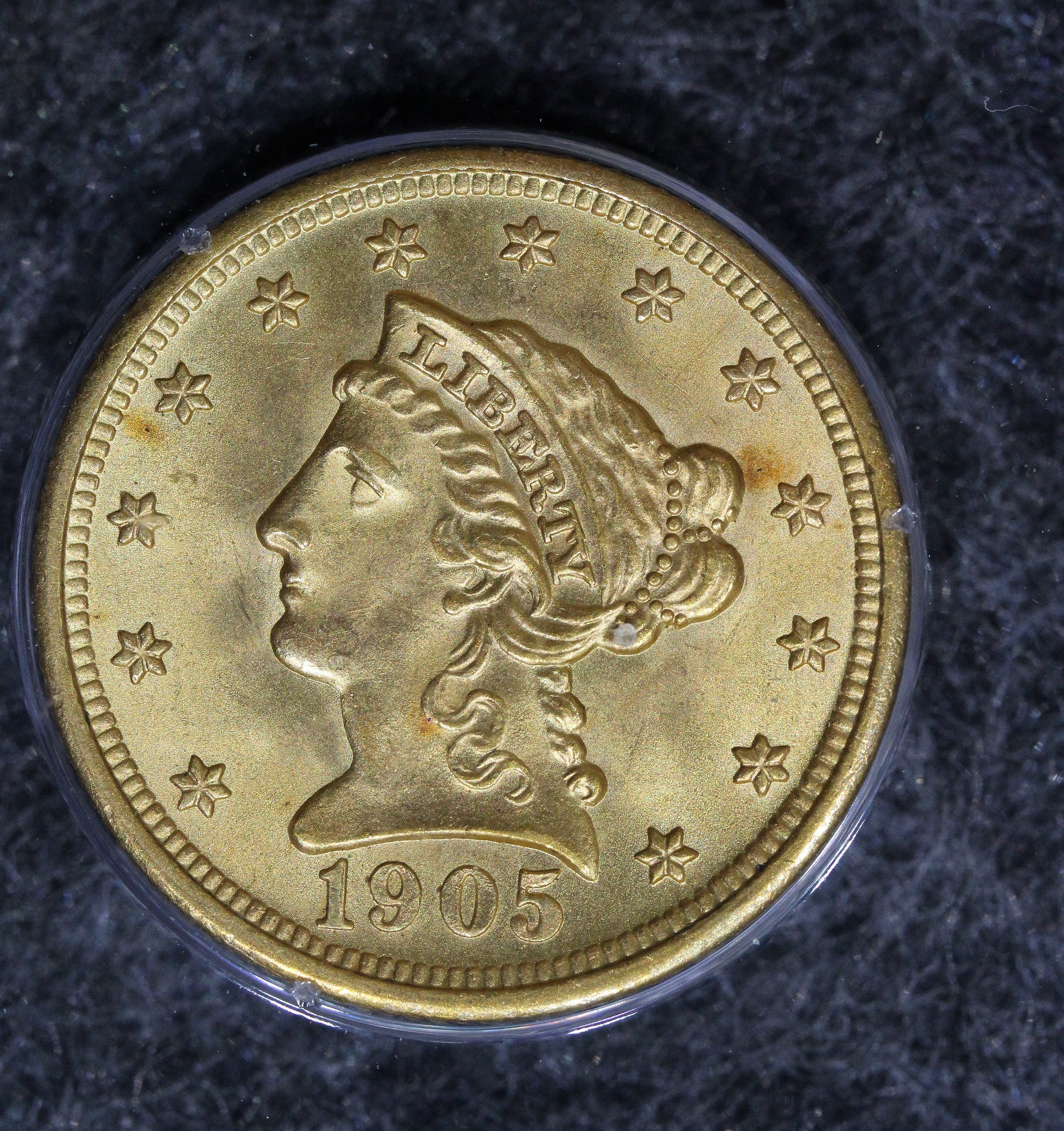 1905 (MS65 CAC) $2.50 Liberty Head Gold Quarter Eagle $2.5 Rattler Holder PCGS