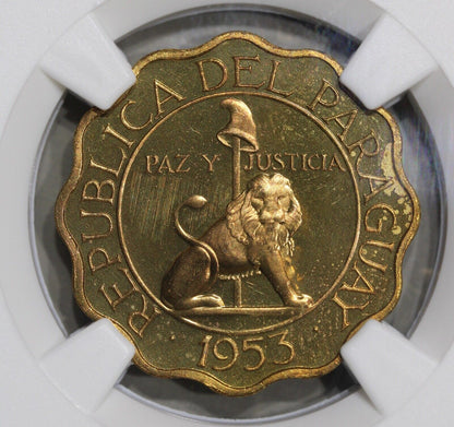 1953 Paraguay 25 Centavos EX-Whittier Pattern Proof Nickel Brass Coin NGC PF 64