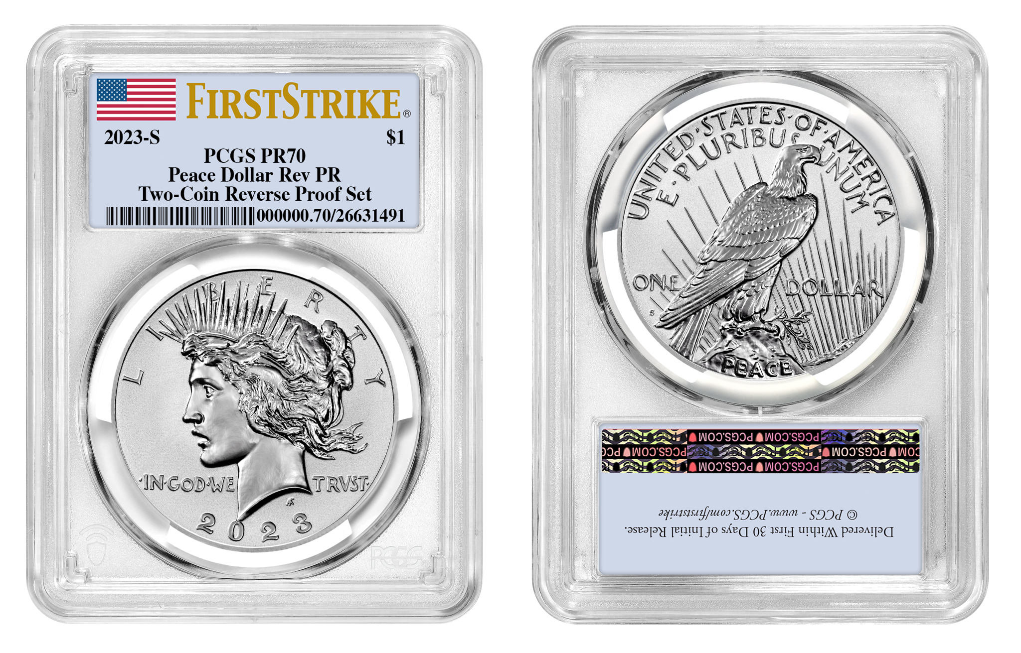 2023-S (PR70) Two Coin Set Reverse Proof $1 Morgan & Peace First Strike PCGS