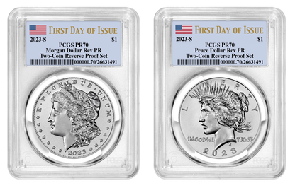 2023-S (PR70) Two Coin Reverse Proof $1 Morgan & Peace First Day of Issue PCGS