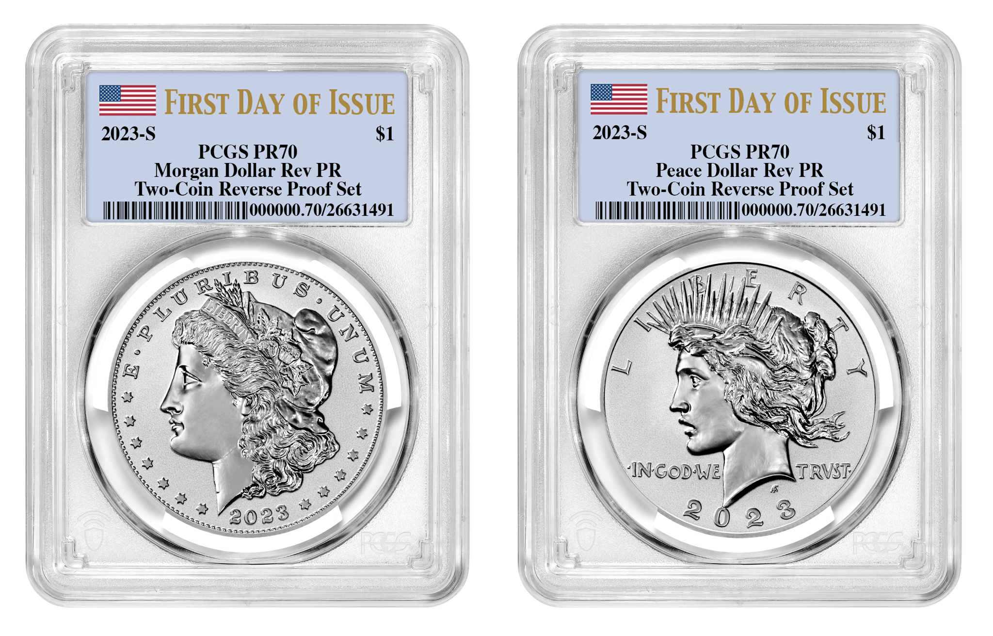 2023-S (PR70) Two Coin Reverse Proof $1 Morgan & Peace FDOI PCGS