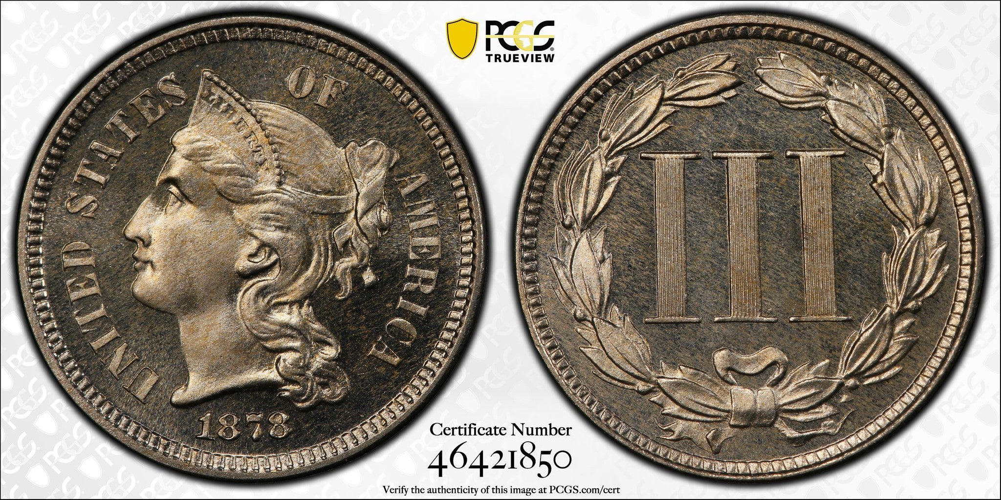 1878 (PR67 CAC) Proof Three Cent Nickel 3cn PCGS