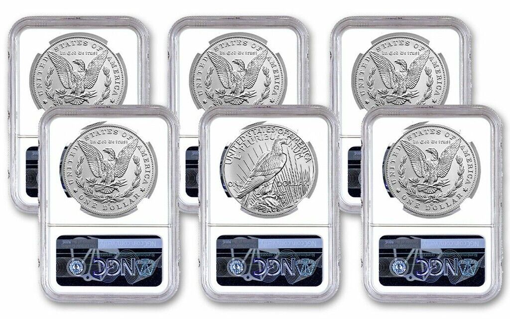 6 Coin Set (MS70 FDOI) - 2021 Morgan Peace Dollar $1 NGC (P D S O CC Peace)