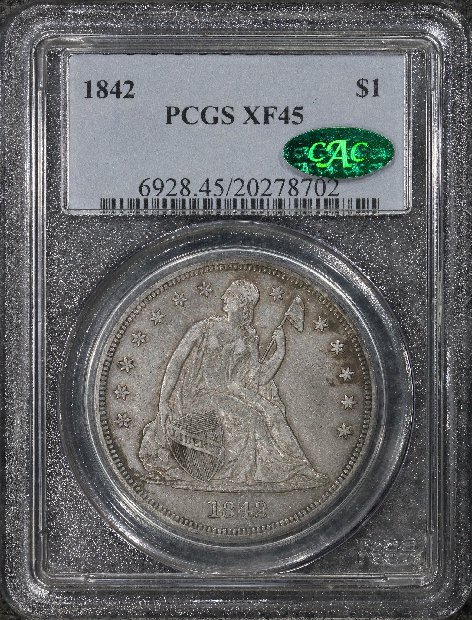 1842 (XF45 CAC) $1 Seated Liberty Silver Dollar PCGS