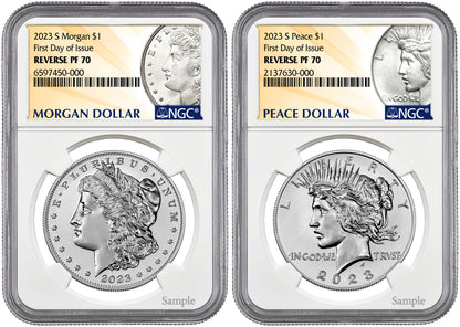 2023-S (PF70) Two Coin Reverse Proof $1 Morgan & Peace FDOI NGC