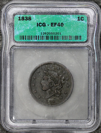 1838 (XF40) Coronet Head Large Cent 1c Penny ICG