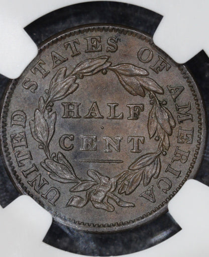 1834 (MS64+ BN CAC) 1/2c Classic Head Half Cent C-1 NGC