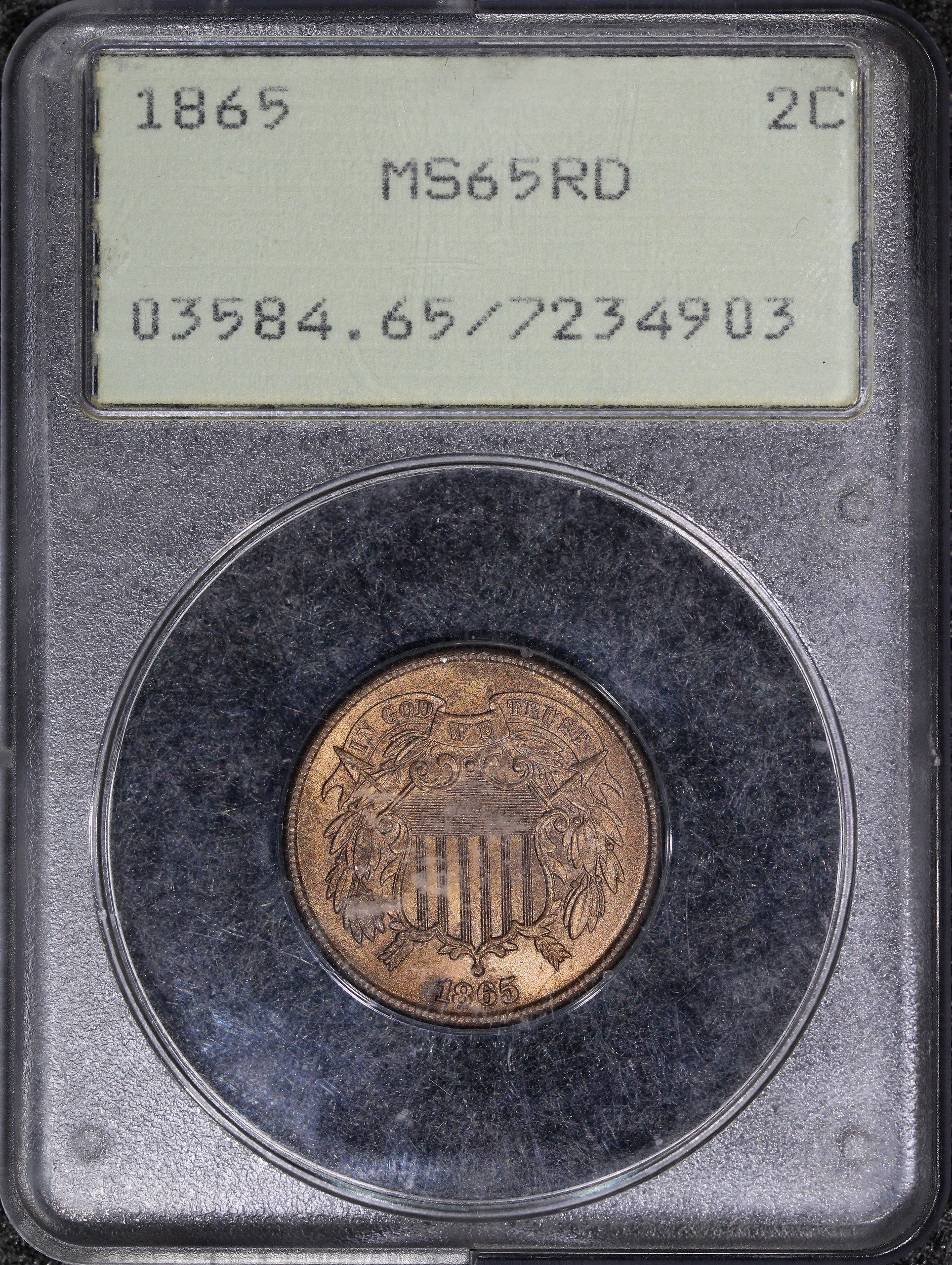 1865 (MS65 RD) Two Cent Piece Red 2c Rattler Holder PCGS