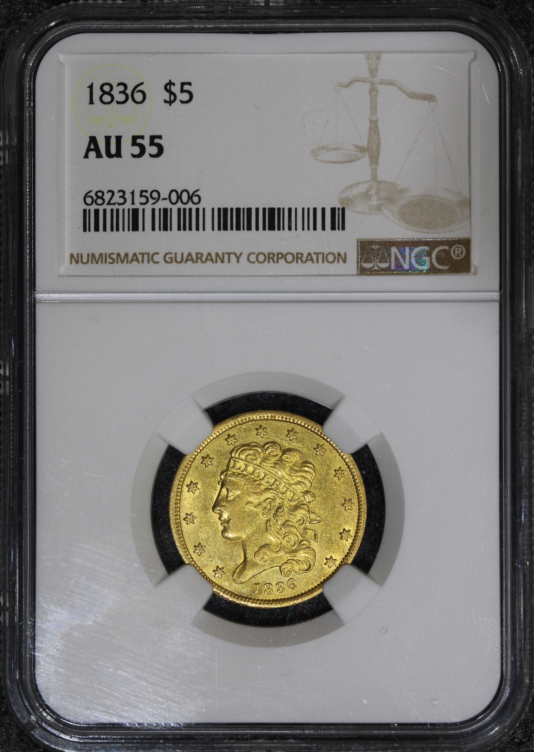 1836 (AU55) $5 Classic Head Gold Half Eagle NGC