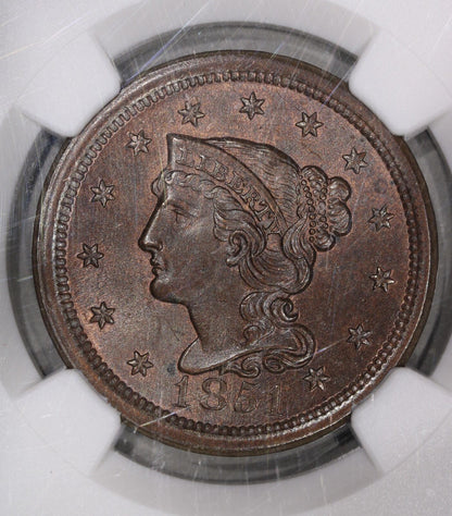 1851 (MS64 CAC RB) Braided Hair Large Cent 1c NGC Graded Coin - Red Brown