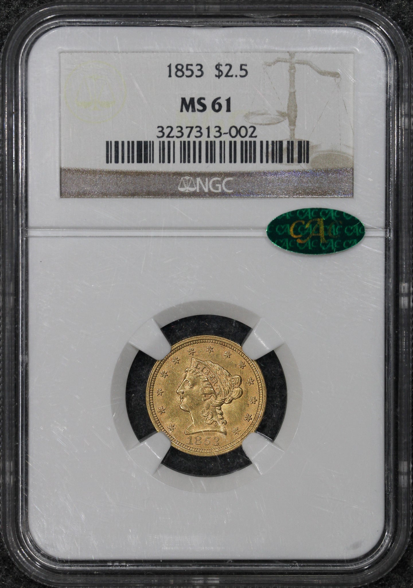 1853 (MS61 CAC) $2.50 Liberty Head Gold Quarter Eagle $2.5 NGC