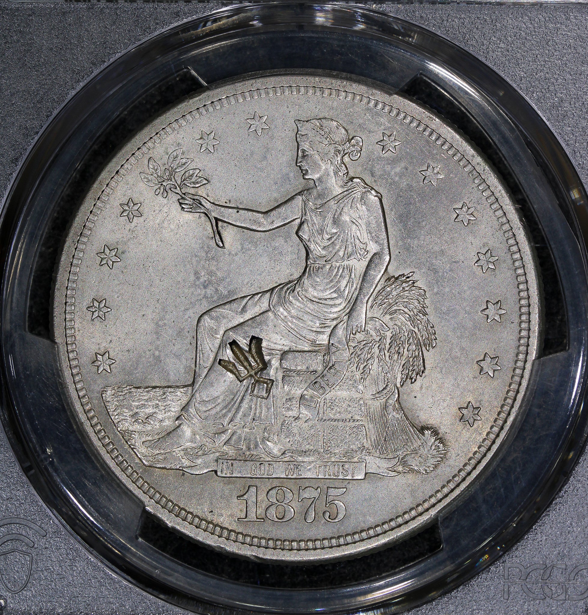 1875-S (MS61 - chopmarks) $1 Trade Silver Dollar PCGS (obv 1, rev 2)