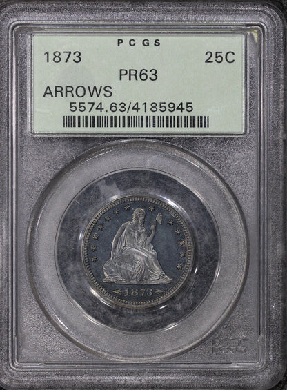 1873 (PR65) Proof Seated Liberty Quarter Arrows 25c Old Green Holder PCGS OGH