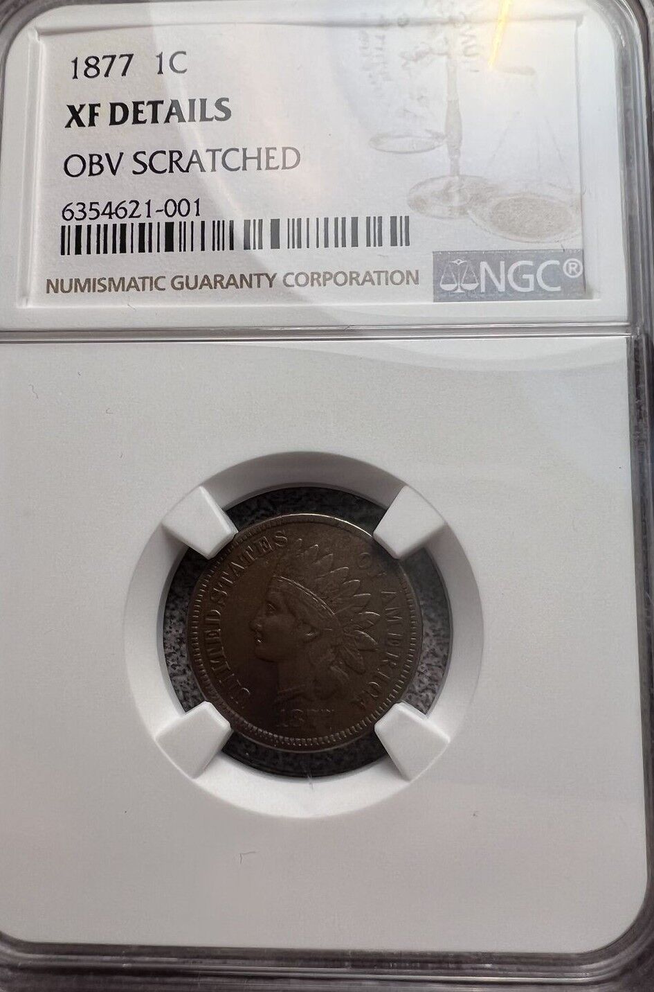 1877 (XF Details - Obv Scartched) Indian Head Cent 1c NGC Graded Coin Key Date