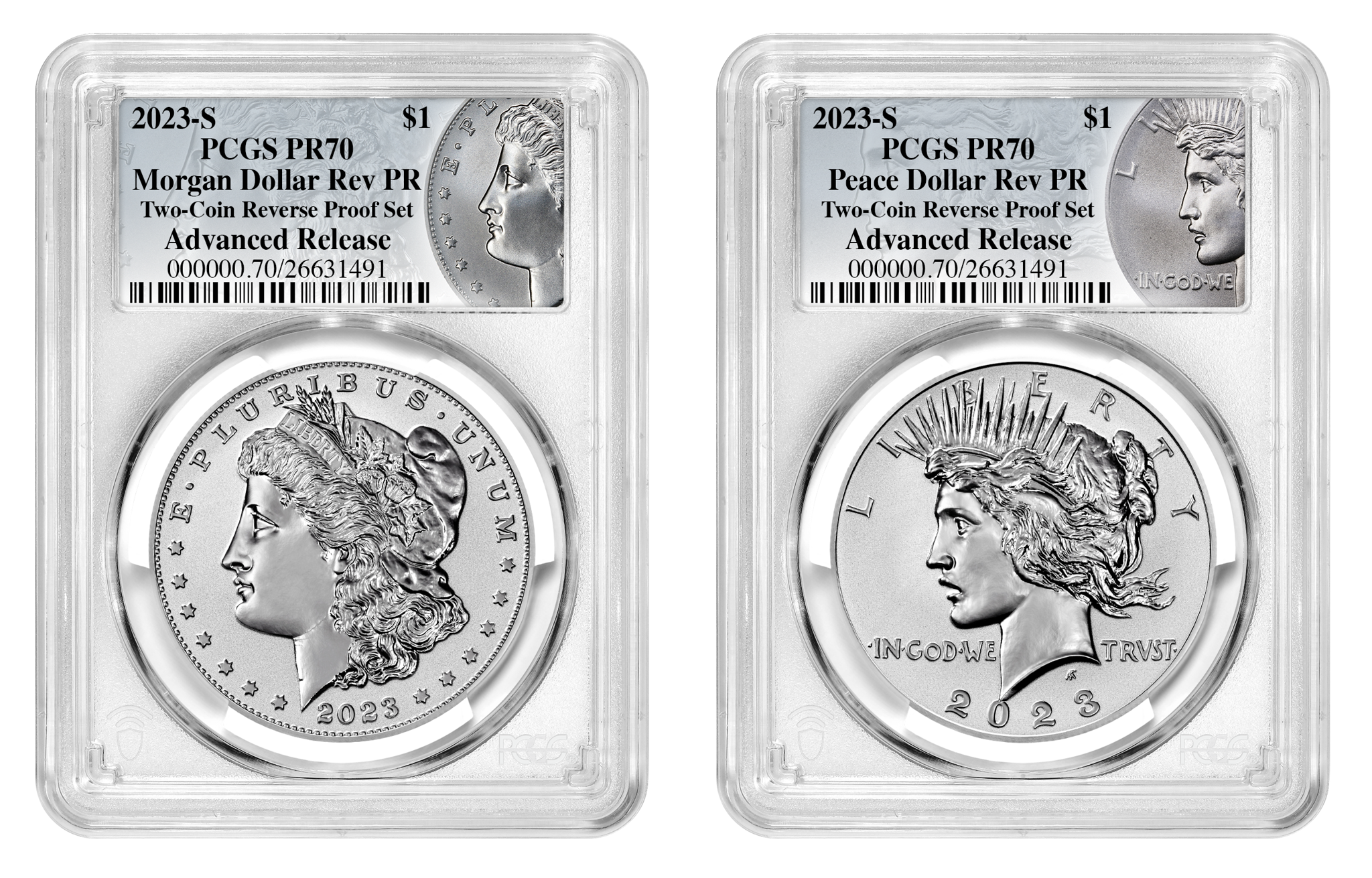 2023-S (PR70) Two Coin Set Reverse Proof $1 Morgan & Peace Advanced Release PCGS