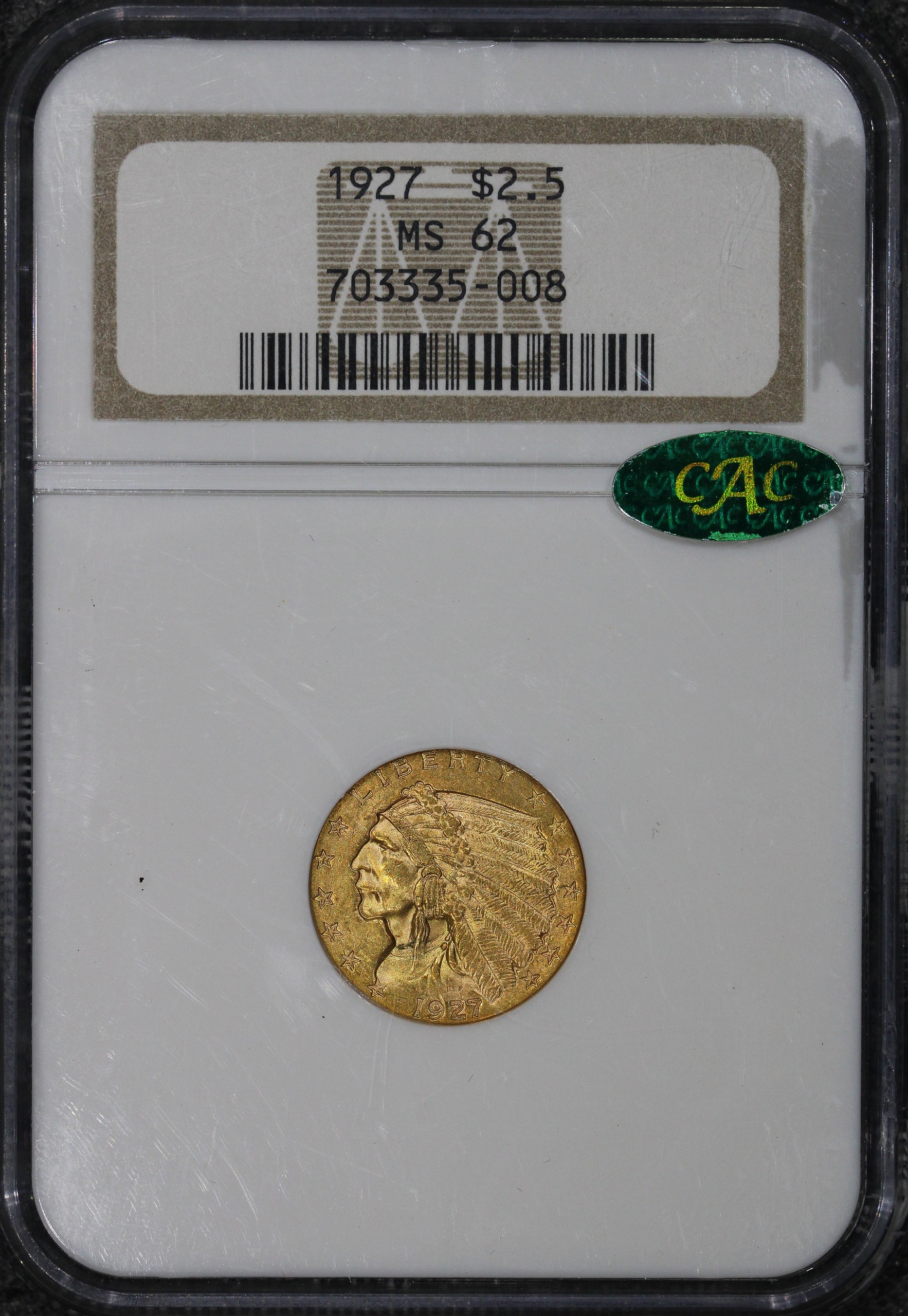 1927 (MS62 CAC) $2.50 Indian Head Gold Quarter Eagle $2.5 NGC