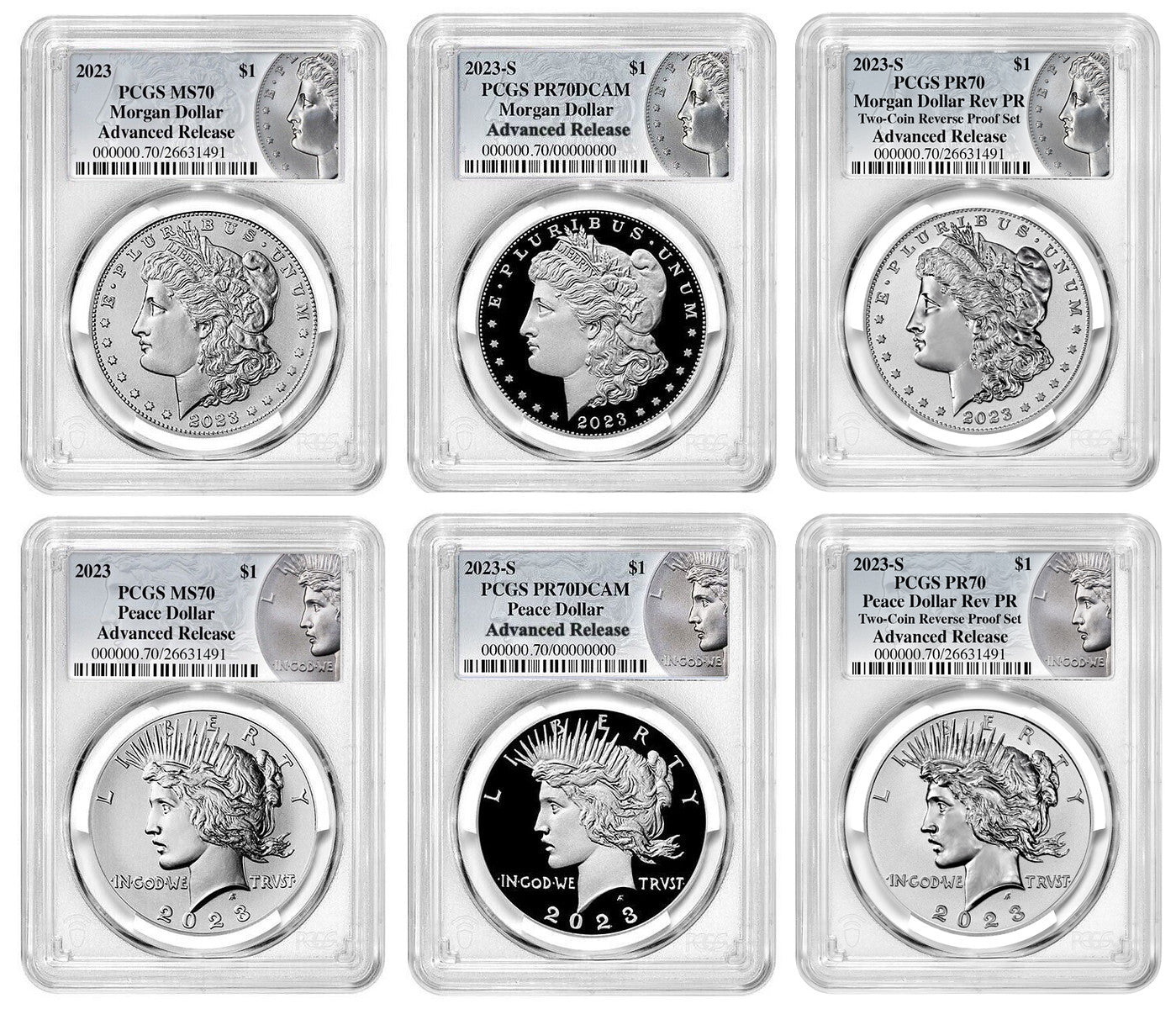 2023 (P, S) Six Coin Set $1 Morgan & Peace Silver Dollar AR PCGS