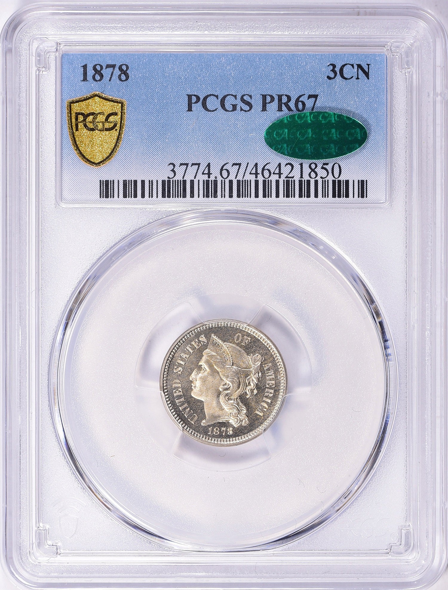 1878 (PR67 CAC) Proof Three Cent Nickel 3cn PCGS