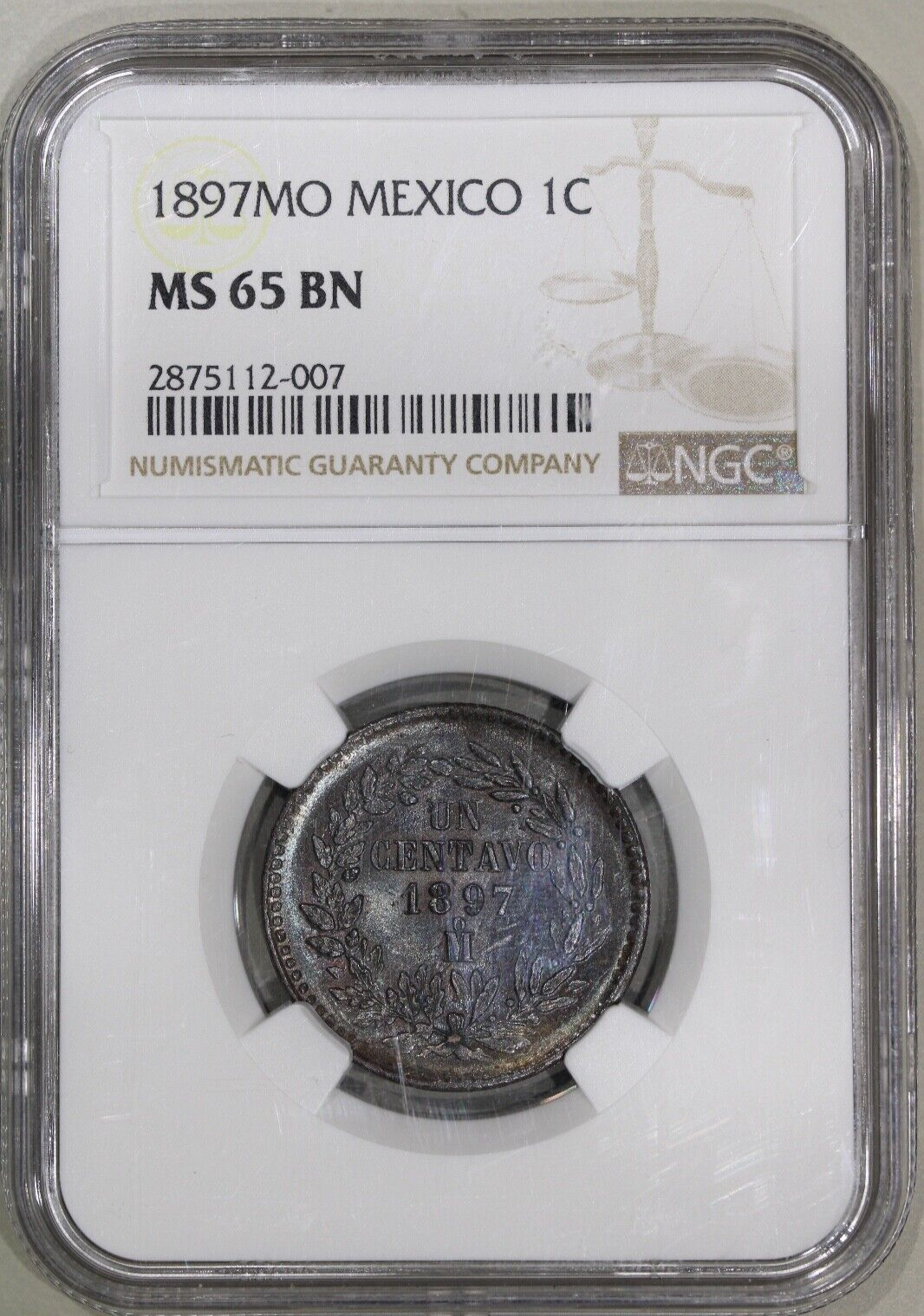 1897-Mo Mexico Un 1 Centavo NGC MS 65 BN Toned Copper Coin