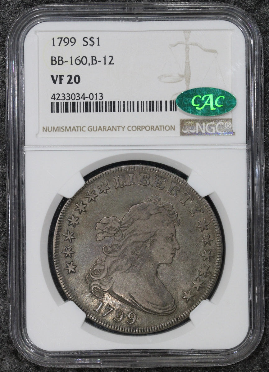 1799 (VF20 CAC) $1 Draped Bust Silver Dollar BB-160, B-12 NGC