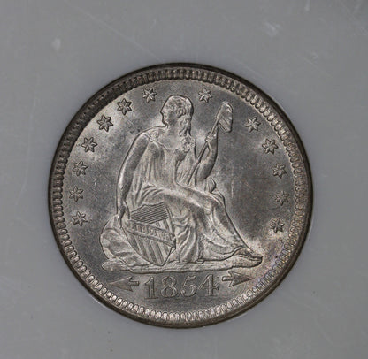 1854-O (MS64) Seated Liberty Quarter Arrows 25c NGC