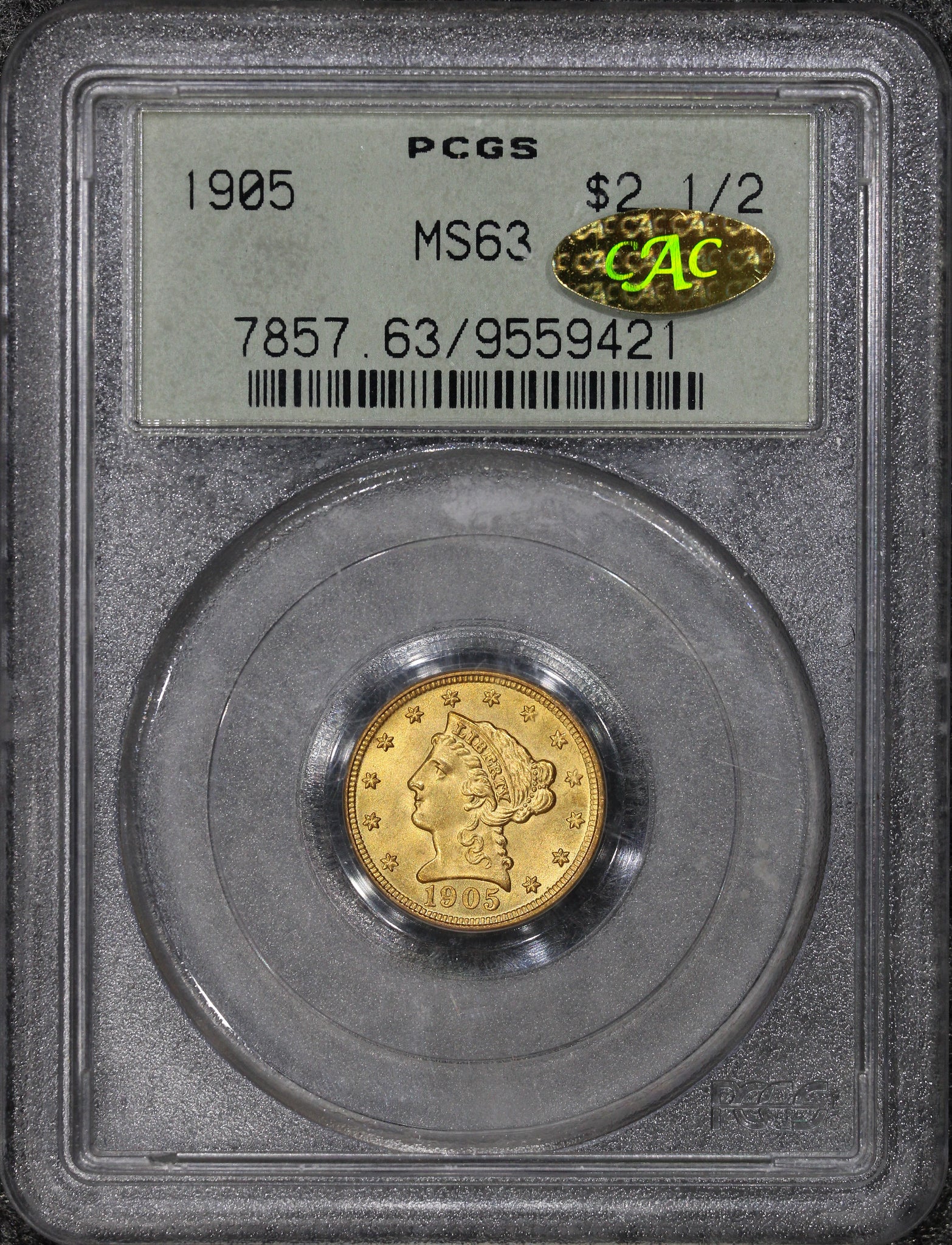 1905 (MS63 GOLD CAC) $2.50 Liberty Head Gold Quarter Eagle $2.5 PCGS OGH