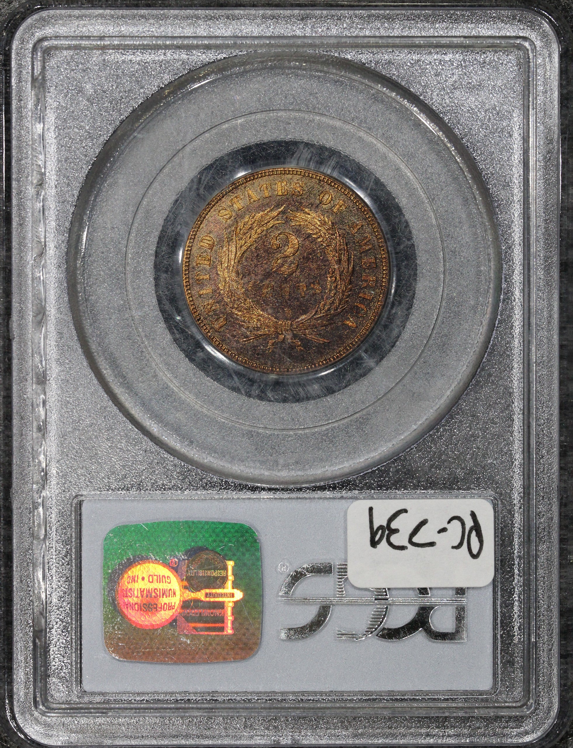 1873 (PR63 RB GOLD CAC) Proof Two-Cent Piece 2c PCGS (Closed 3) - GOLD STICKER