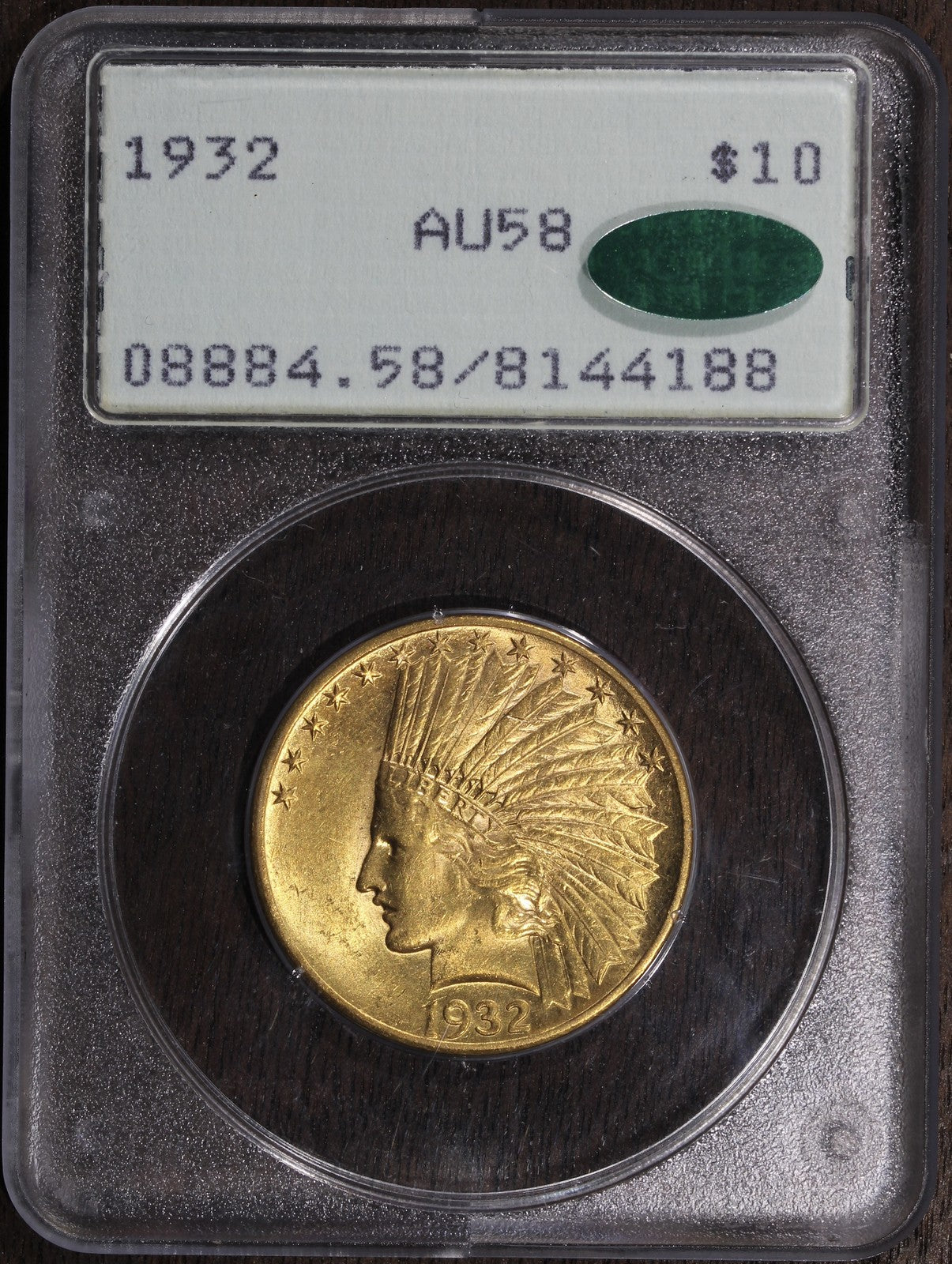 1932 (AU58 CAC) Indian Head Gold Eagle $10 PCGS Rattler