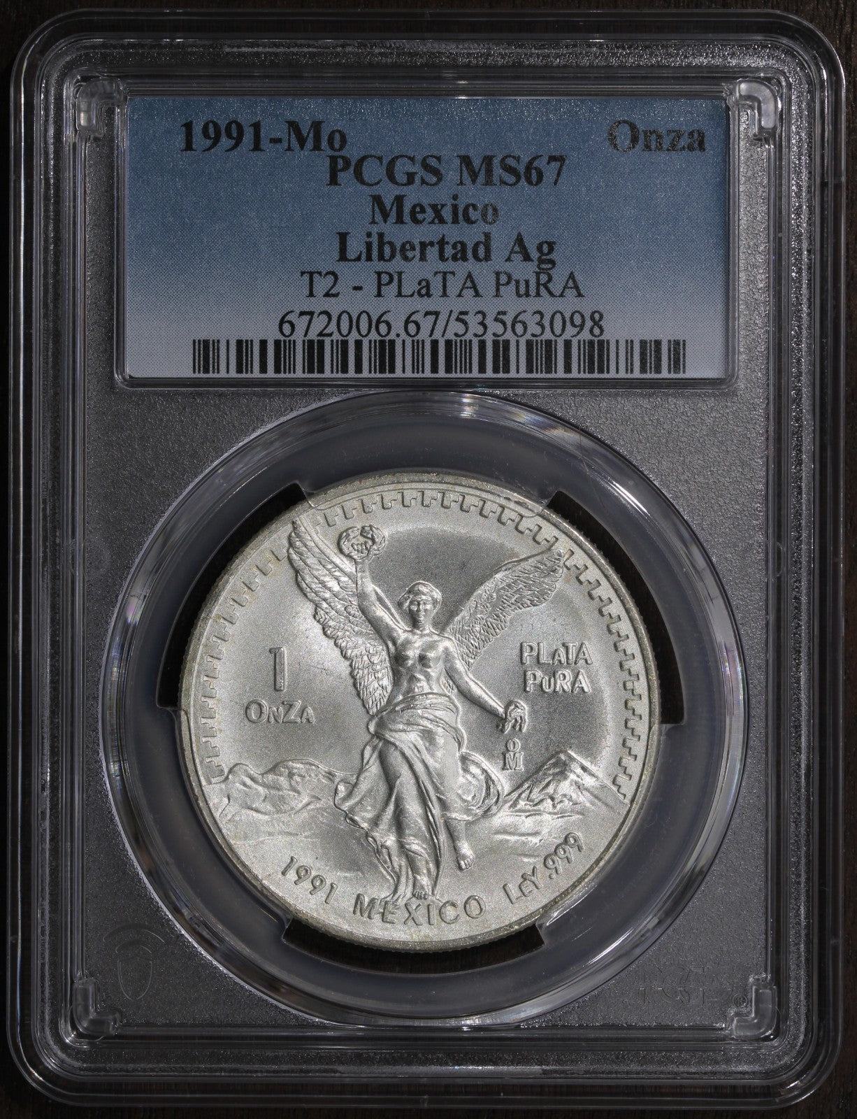 1991-Mo (MS67) Type 2 Mexico 1 oz Silver Libertad Onza PCGS - KEY DATE