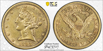 1893-CC (AU53) Liberty Head Gold Half Eagle $5 PCGS - Carson City Gold