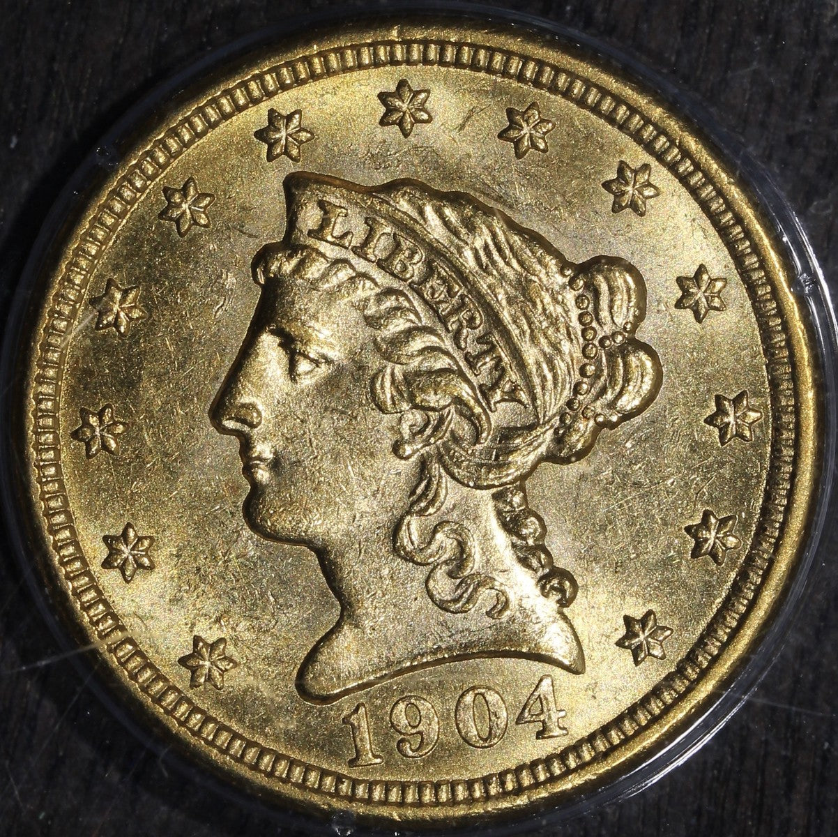1904 (AU58 CAC) Liberty Head Gold Quarter Eagle $2.50 PCGS Rattler