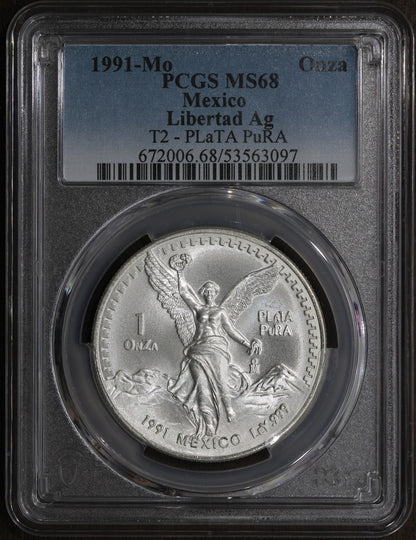 1991-Mo (MS68) Type 2 Mexico 1 oz Silver Libertad Onza PCGS - KEY DATE