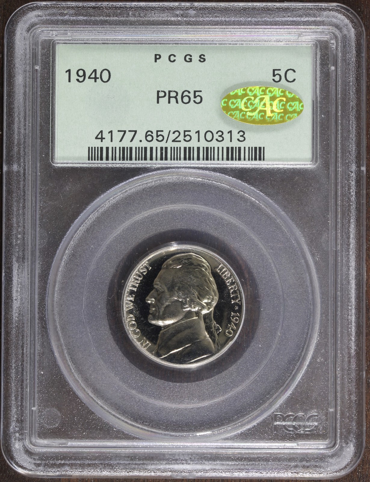 1940 (PR65 GOLD CAC) Proof Jefferson Nickel 5C PCGS OGH