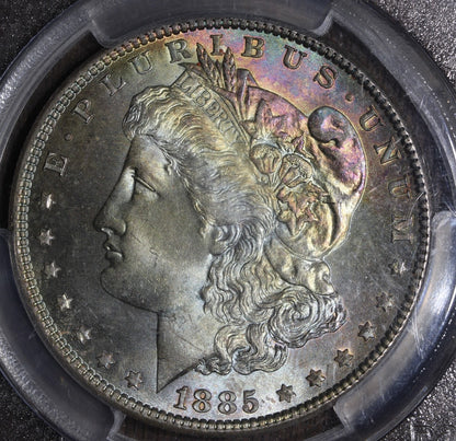 1885 (MS66+ CAC) Morgan Silver Dollar $1 PCGS - Rainbow Toned Gem