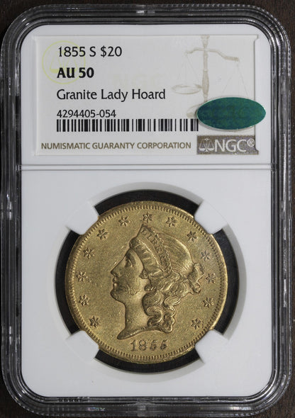 1855-S (AU50 CAC) Liberty Head Gold Double Eagle $20 NGC - Granite Lady Hoard