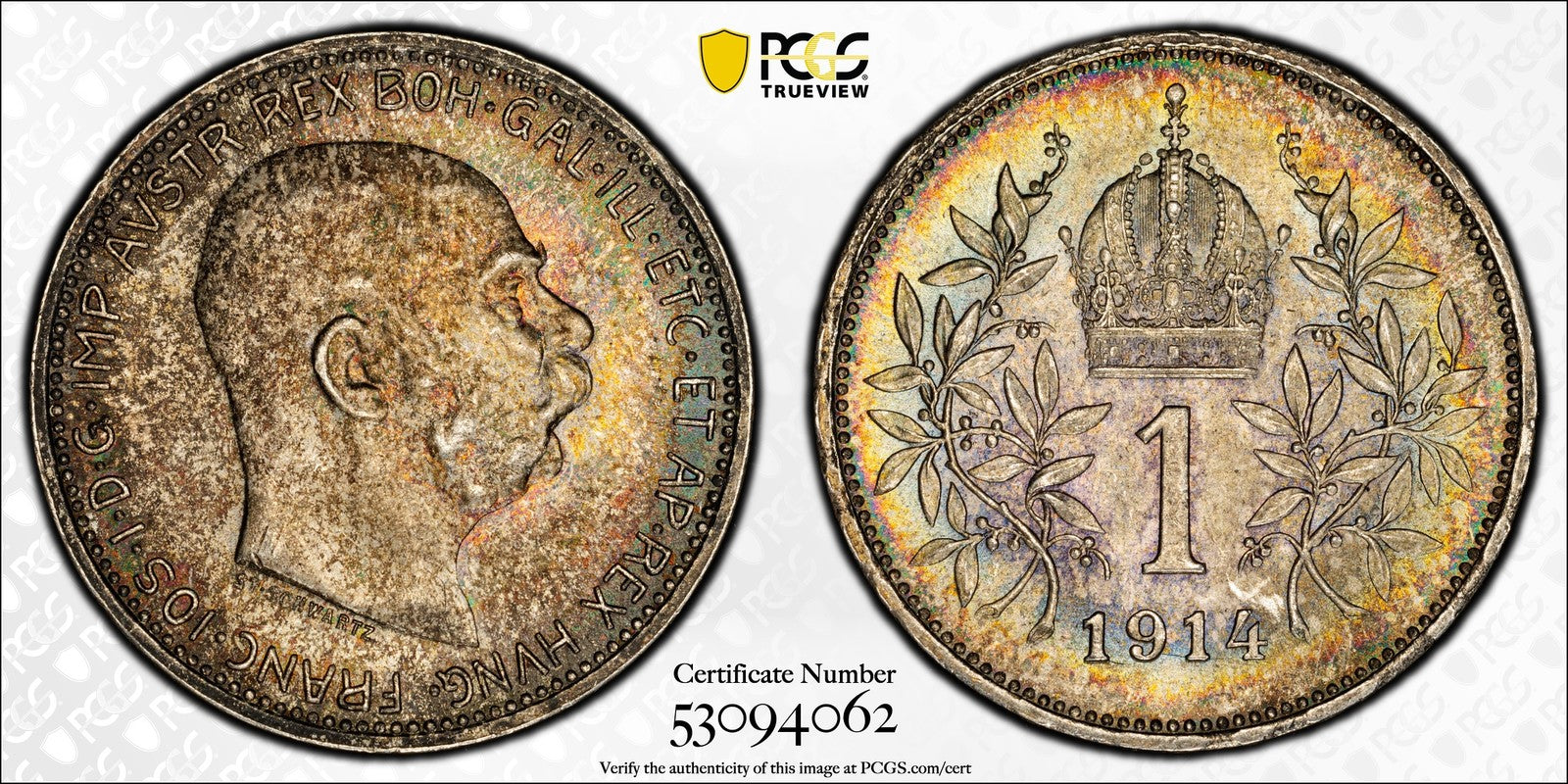 1914 (MS66) Austria Franz Joseph Silver 1 Corona PCGS - Rainbow Toned Top Pop