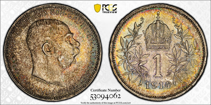 1914 (MS66) Austria Franz Joseph Silver 1 Corona PCGS - Rainbow Toned Top Pop