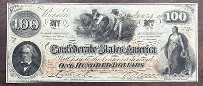 1862 $100 Confederate States America Bank Note Richmond One Hundred Dollars