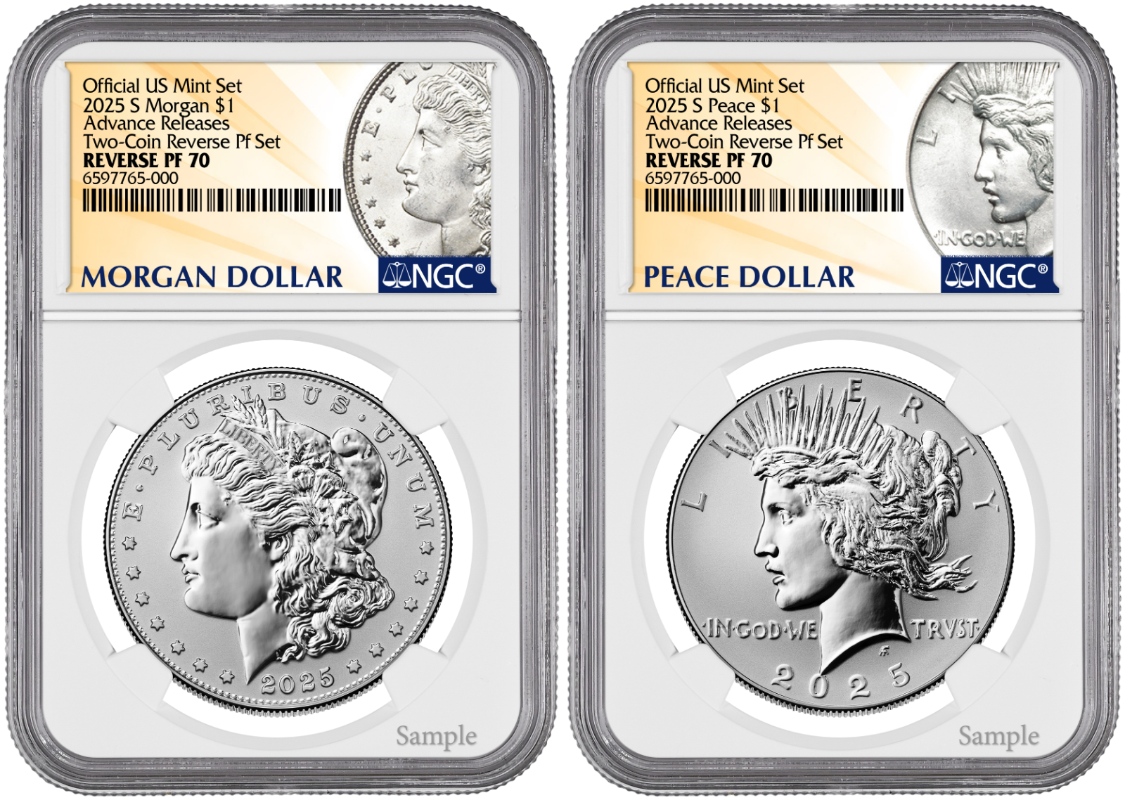 2025-S (PF70) Reverse Proof Morgan & Peace Silver Dollar (2 Coin Set) Adv AR NGC