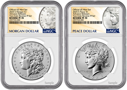 2025-S (PF70) Reverse Proof Morgan & Peace Silver Dollar (2 Coin Set) Adv AR NGC