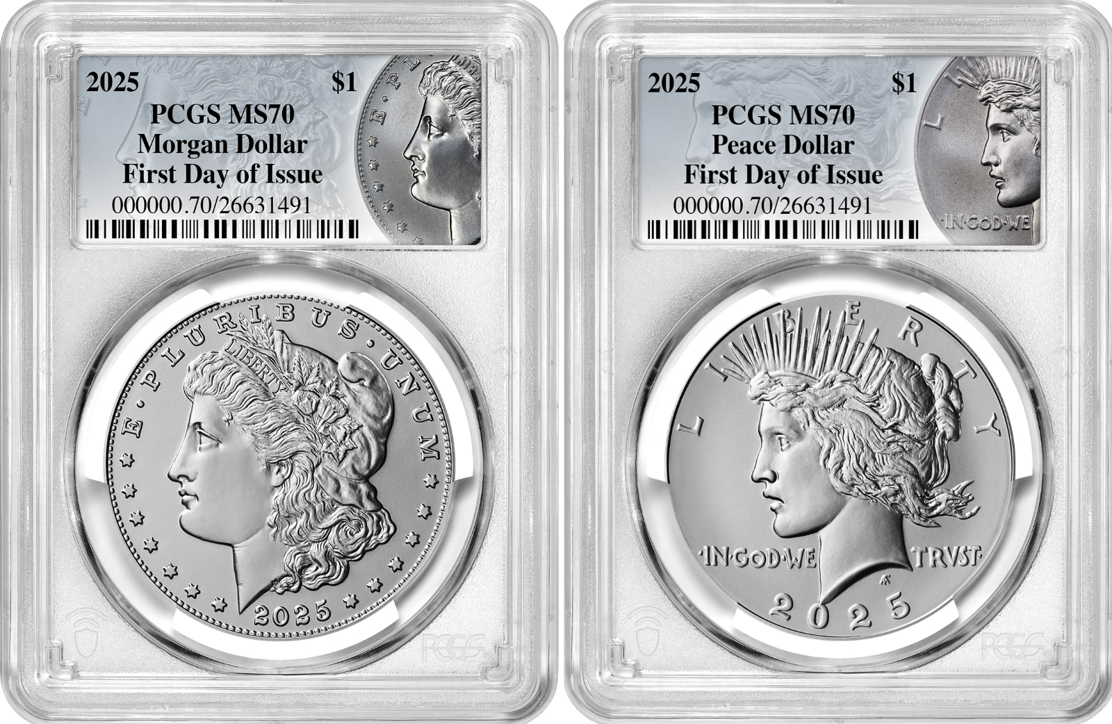 2025 (MS70) Morgan & Peace Silver Dollar (2 Coin) First Day of Issue FDOI PCGS