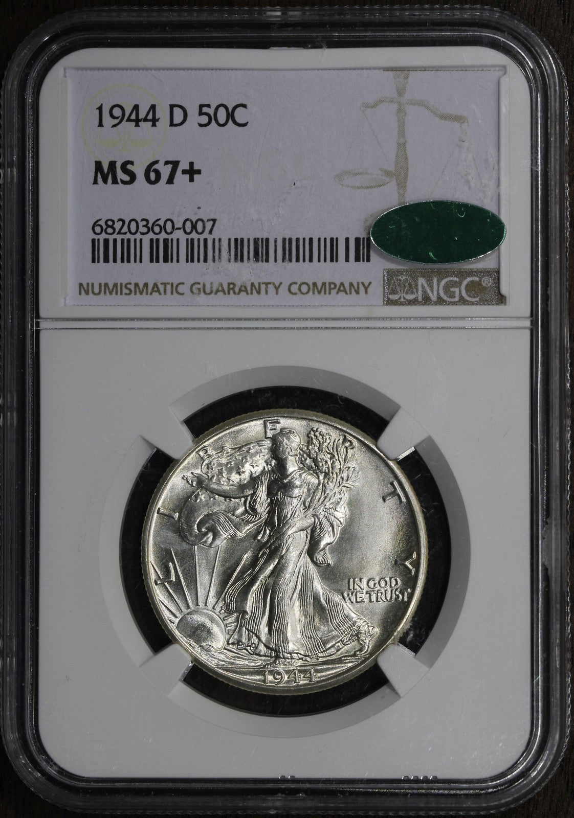 1944-D (MS67+ CAC) Walking Liberty Half Dollar 50C NGC - Superb Gem