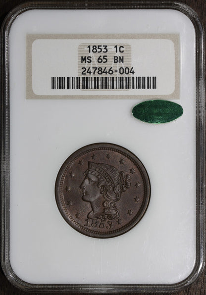 1853 (MS65 BN CAC) Braided Hair Large Cent 1C NGC - Old Holder