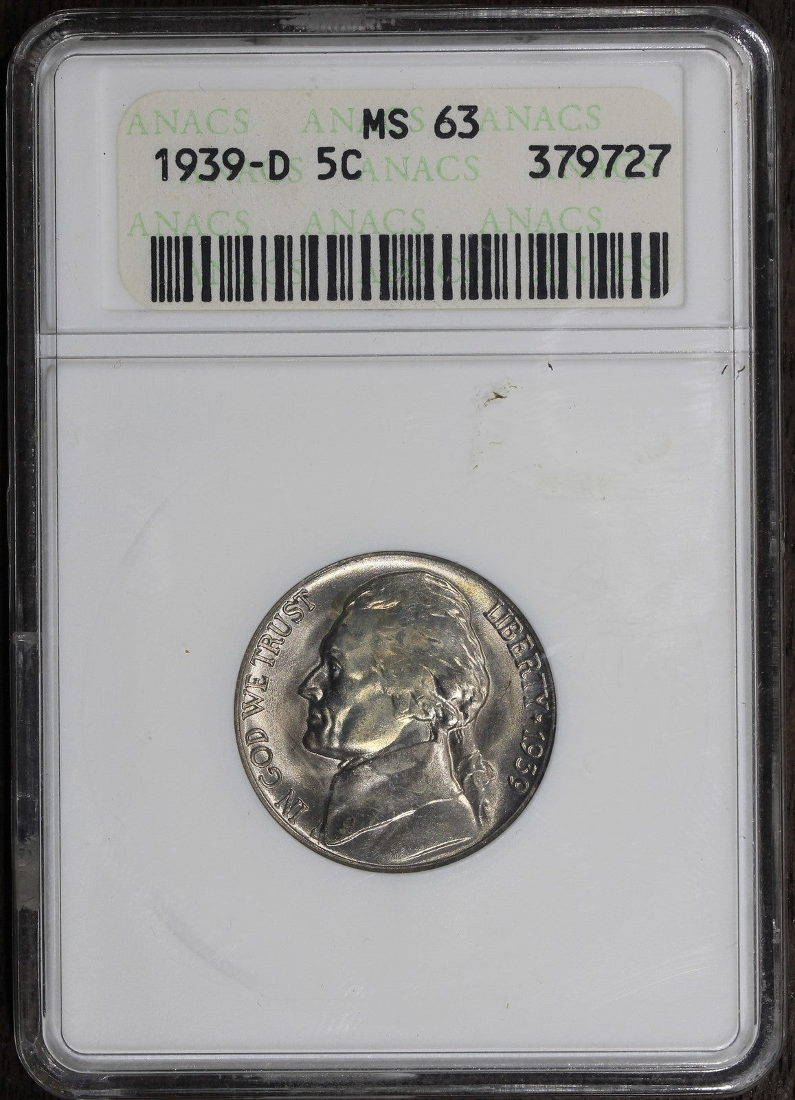 1939-D (MS63) Jefferson Nickel 5C ANACS Soapbox - Old Holder