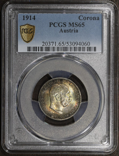 1914 (MS65) Austria Franz Joseph Silver 1 Corona PCGS - Rainbow Toned GEM
