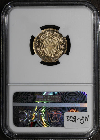1930-B (MS65) Switzerland Gold 20 Francs 20F NGC - Gem, Prooflike Fields
