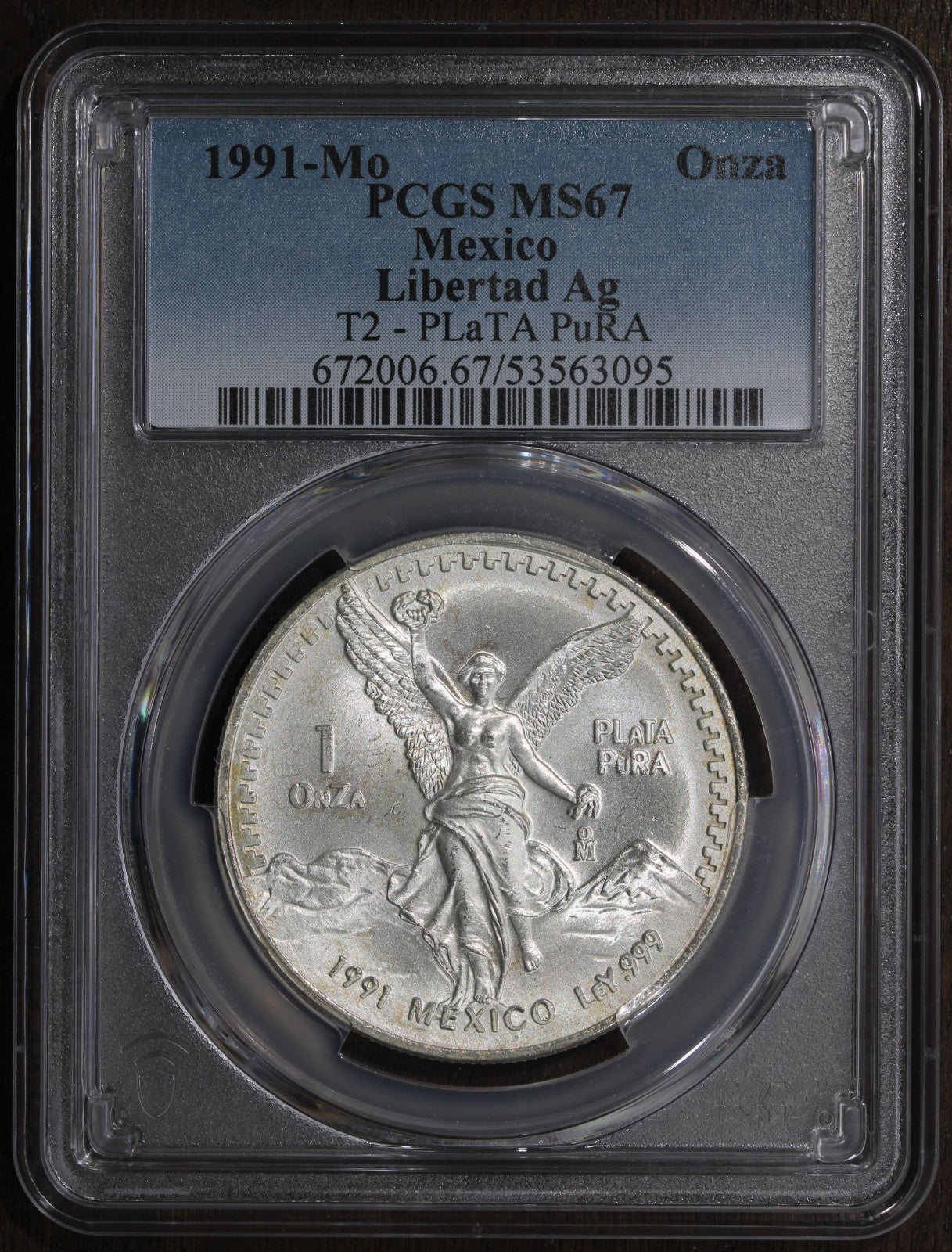 1991-Mo (MS67) Type 2 Mexico 1 oz Silver Libertad Onza PCGS - KEY DATE