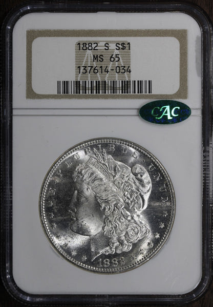 1882-S (MS65 CAC) Morgan Silver Dollar $1 NGC - Blast White Gem