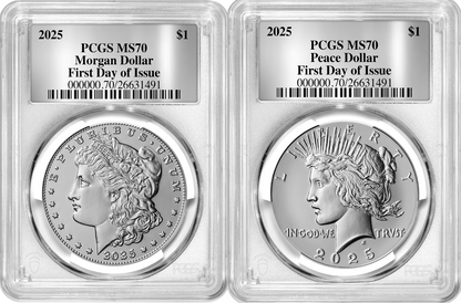 2025 (MS70) Morgan & Peace Silver Dollar First Day of Issue FDOI PCGS